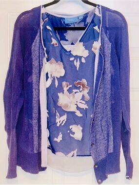Simply Vera Wang Tank Cardigan Sweater Set Women's M-Sheer Floral Purple